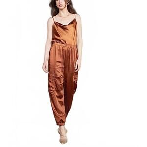 Steve Madden Satin Rust Orange/Bronze streetwear Cargo jumpsuit Size Small